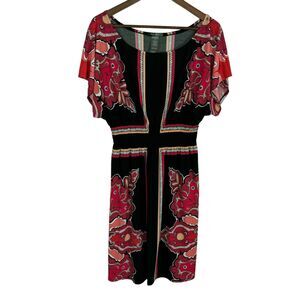 Bisou Bisou Michele Bohbot Pink Black Floral Smocked Waist Dress Women's 12